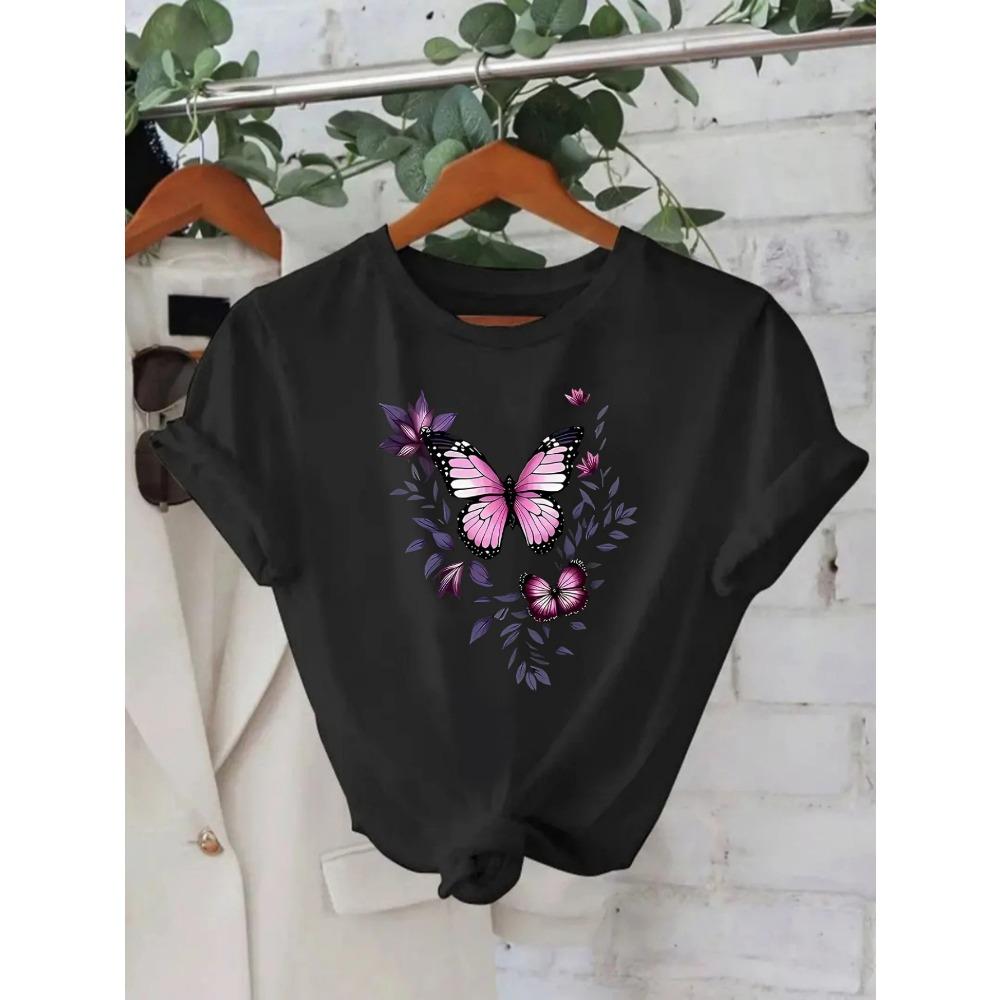 Butterfly Printed T-shirt Casual Short Sleeved Round Neck Top Comfortable Daily Fashion Women's Clothing