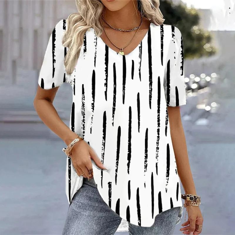 Summer V-Neck T-Shirt Fashion Women Short Sleeves 3D Printed Top Tee Casual Loose Black White Fashion Streetwear Female Pullover