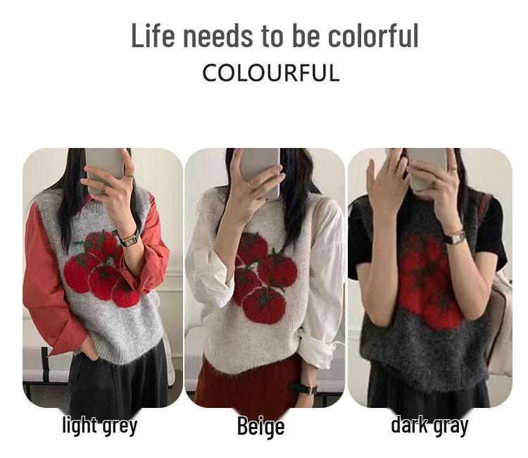 Korean Style Round Neck Cartoon Jacquard Wool Vest for Women, Autumn/Winter 2026, Khaki Ruyi Loose Layering Vest