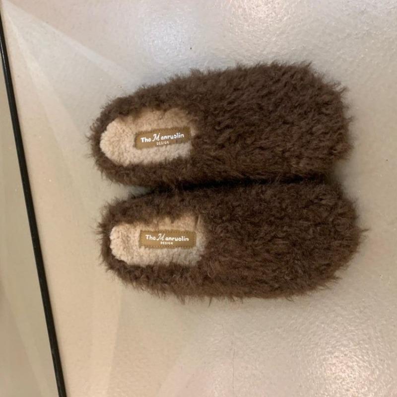 Women's Plush Semi-drag Winter New Round Toe Deep Mouth Platform Warm Flat Slippers