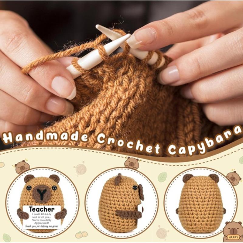 Handmade Knitted Positive Energy Capybara Dolls With Card Funny Crochet Emotional Support Animal Capybara Desktop Ornament Gifts