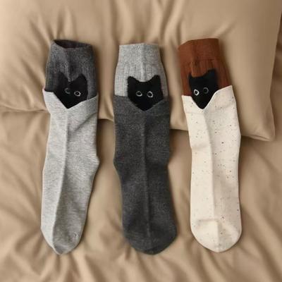 3D Cartoon Kitten Mid-calf Socks Women's Color-blocked 3D Cartoon Kitten Mid-calf Socks Korean Style Trendy Sweet Cute Soft Cotton Socks