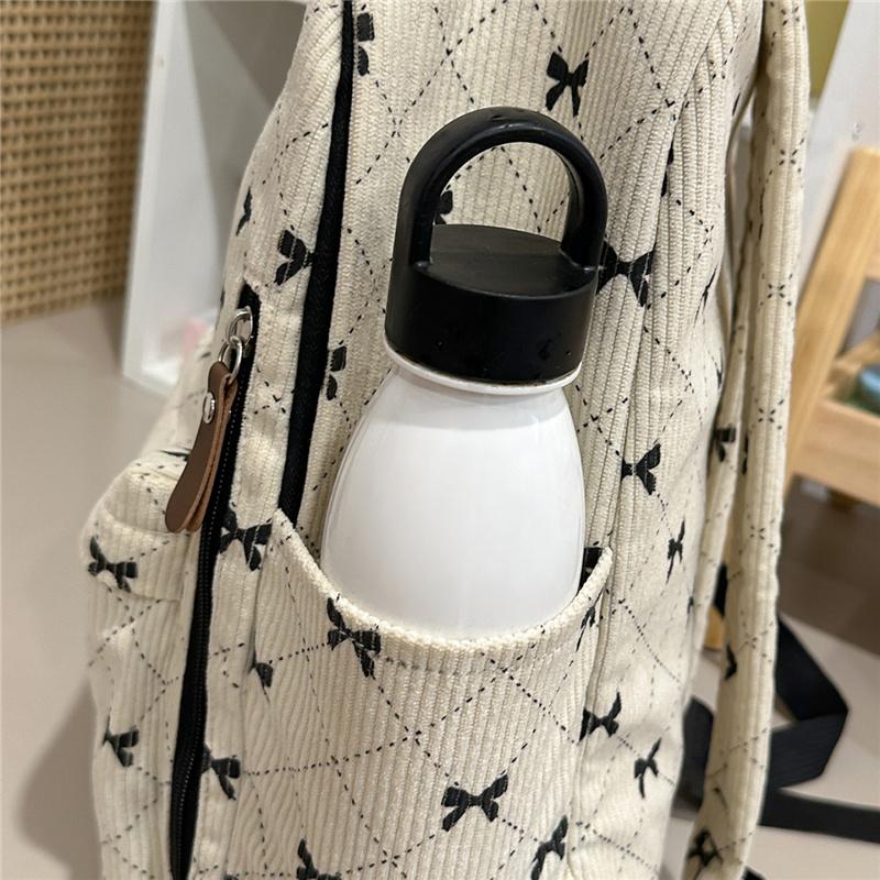 Cute Bow Print Corduroy Backpack for Women Casual Daypack Travel School Bag with Multi Pockets