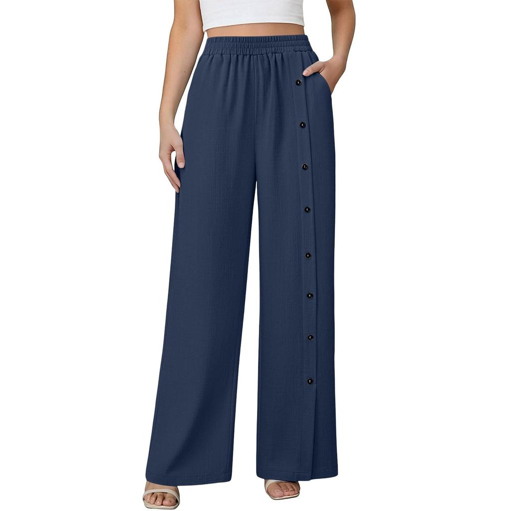 Women's Fashionable Color Button Elastic Waist Straight Tube High Waist Pocket Cotton Linen Casual Pants