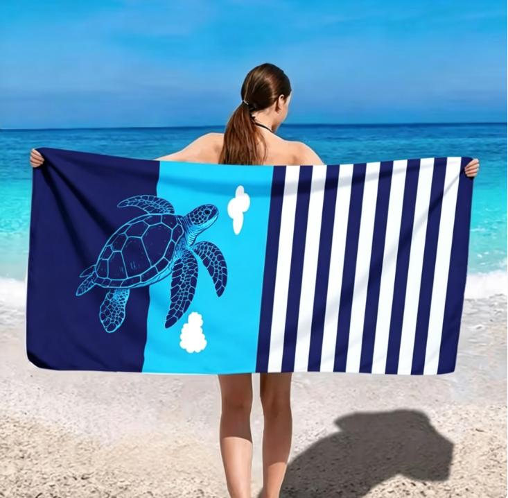 Large Microfiber Beach Towel, Navy & Turquoise Striped Dolphin Print, Sand Free & Quick Dry, for Nautical Summer Beach Use
