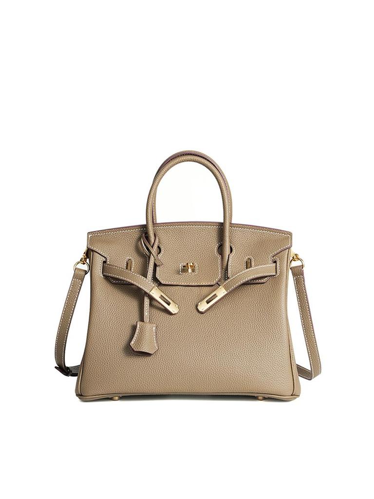 Wax Thread Lychee Grain Cowhide Leather Handbag with Lock Buckle - Women's Platinum Grade Purse