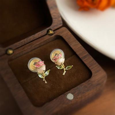 925 Sterling Silver Needle Enamel Flower Earrings Party Jewelry Light Luxury Pink Rose Studs Earrings Elegant Gift