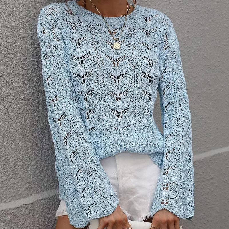 IHUASU Damen Herbst und Winter Strickpullover Einfarbig Häkeln Aushöhlen Pullover O-Ausschnitt Lockerer Pullover