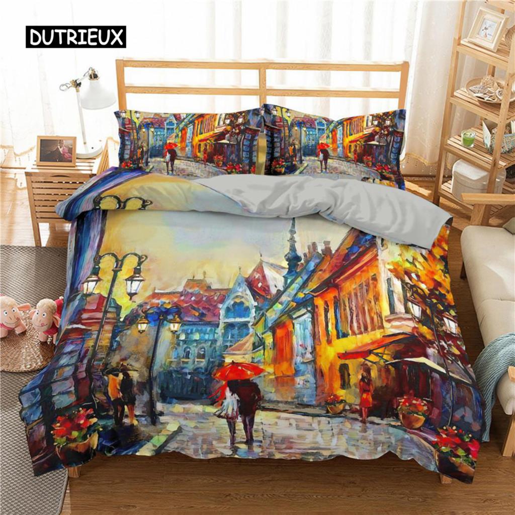 Paris Duvet Cover Set Microfiber Paris Tower Oil Painting Bedding Set Car City Landscape Pattern Quilt Cover Queen King Size
