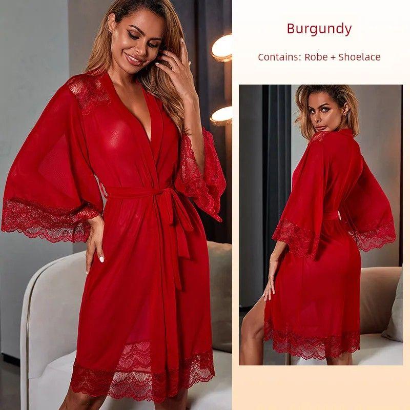 2025 Cross-Border Fashion Style Thin Mesh Nightgown/See-through Bathrobe Sexy Lace Stitching Outerwear Gown/Bridal Gown