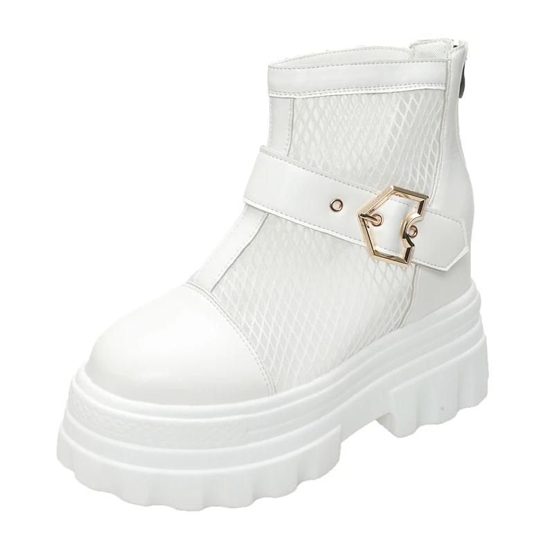 Fashion Mesh Breathable Summer Ankle Boots for Women Hollow Out Thick Bottom Cool Boots Woman Chunky Platform Punk Motorcycle Booties