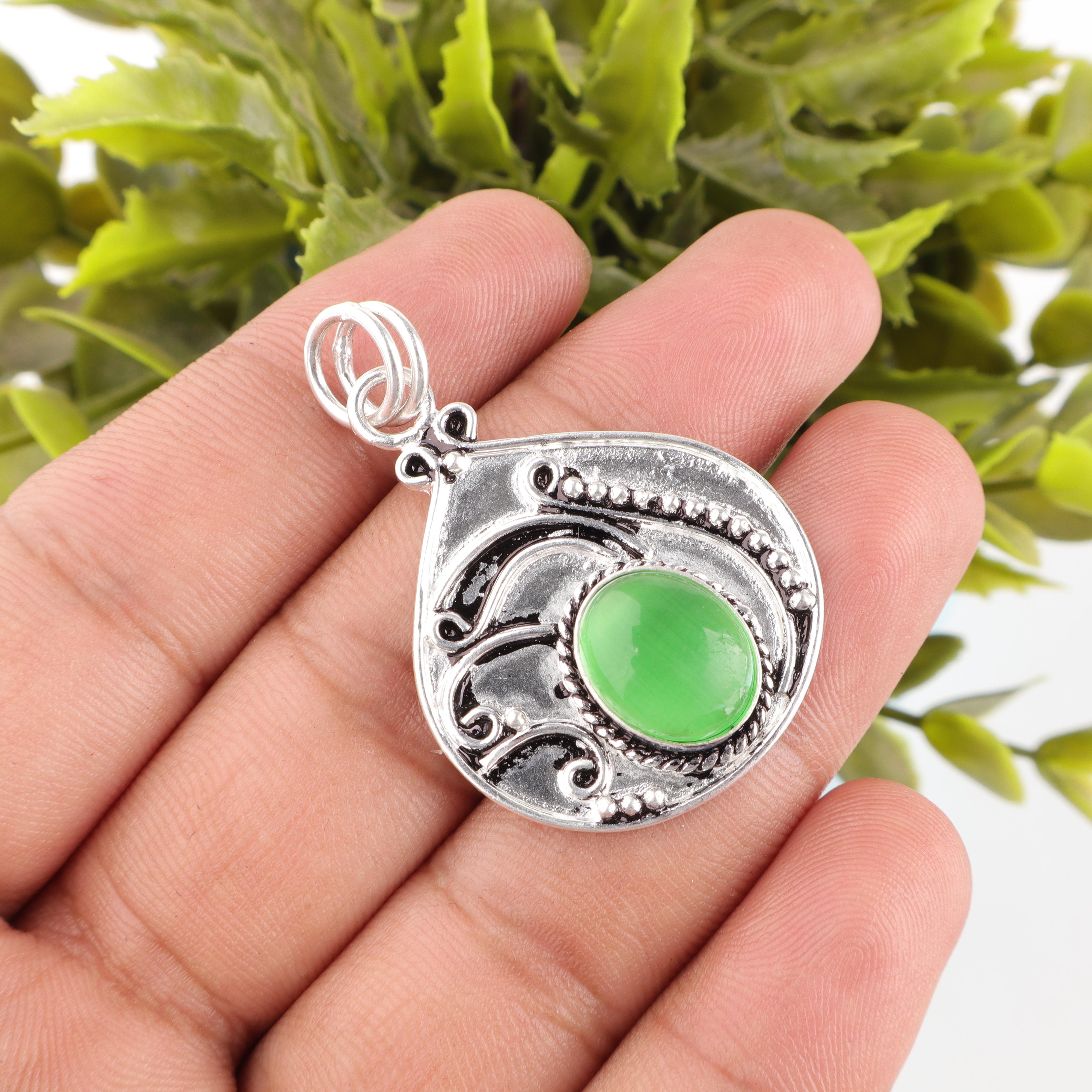 

Green Cat s Eye Gemstone Pendant , 925 Solid Sterling Silver Pendant Jewelry, Handmade Spiritual Jewelry For Wedding Gift 1.45 inches