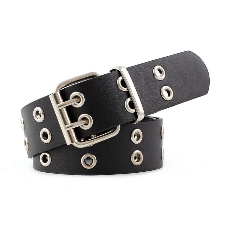 Fashionable Womens Faux Leather Belt With Chic Double Row Eyelets And Chain