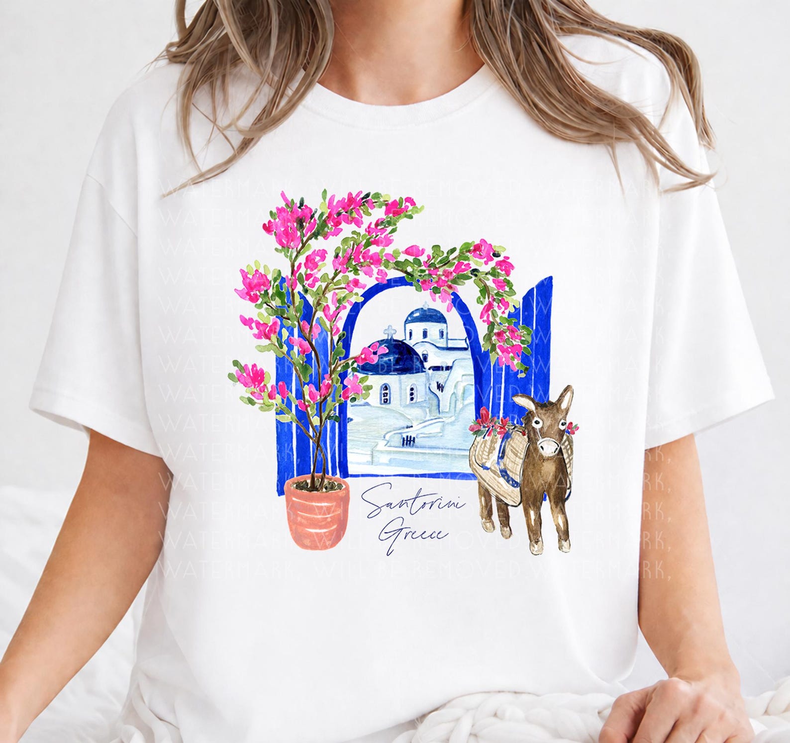 Santorini Greece T-Shirt Greece Shirt Greek Islands Santorini Honeymoon Shirt Bougainvillea Blue Dome Donkey Souvenir Gift For Her Travel L