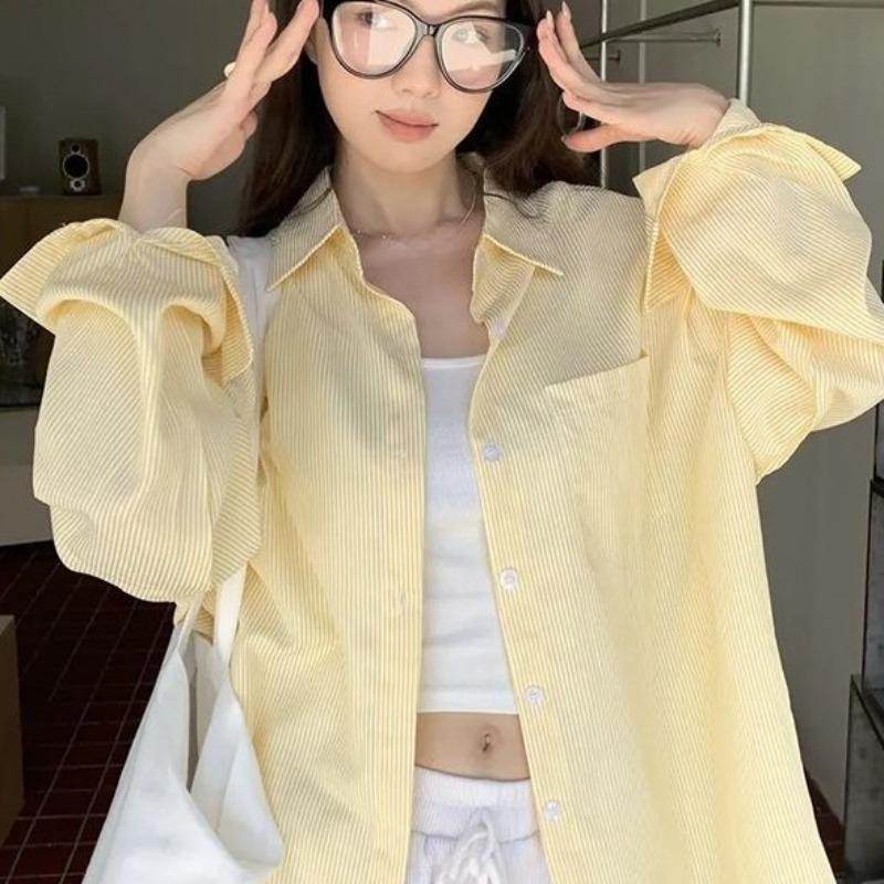 

Women s Striped Turndown Collar Shirt Solid Color Casual Single Breasted Pocket Ladies Blouse Korean Style Summer Loose Famale Top XL жовтий