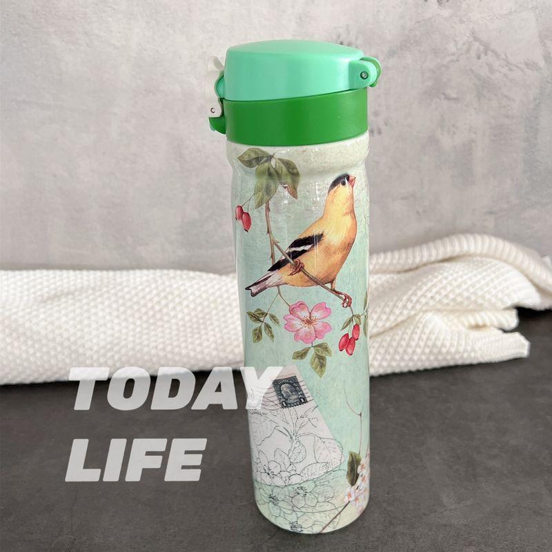 

High-Capacity Thermos Cup with Stylish Floral and Bird Prints, Stainless Steel Portable Flip-Top Water Bottle Default