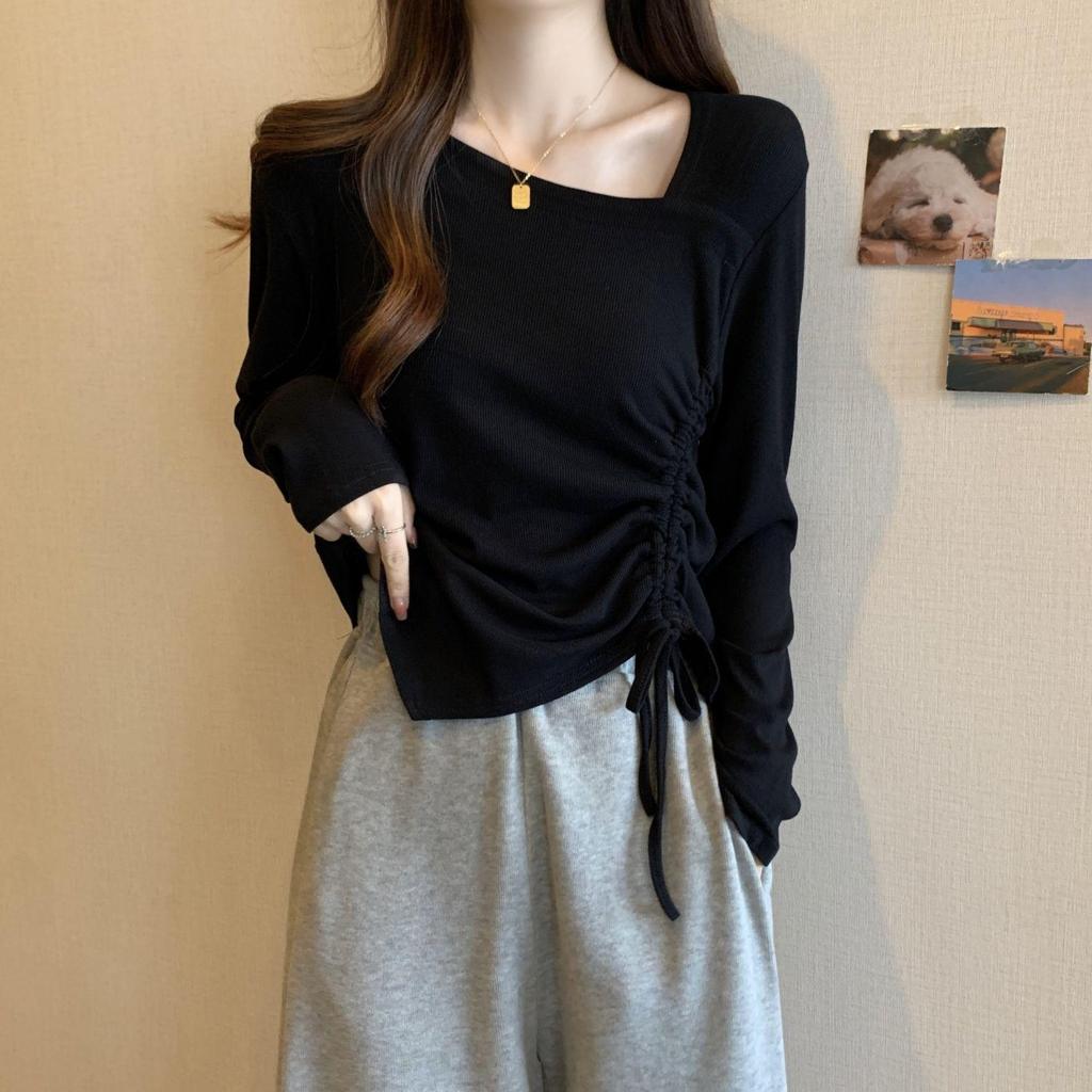 Damen Übergröße Langarm Oberteil mit quadratischem Ausschnitt und Raffungen - Schlankmachender koreanischer Stil Herbstmode