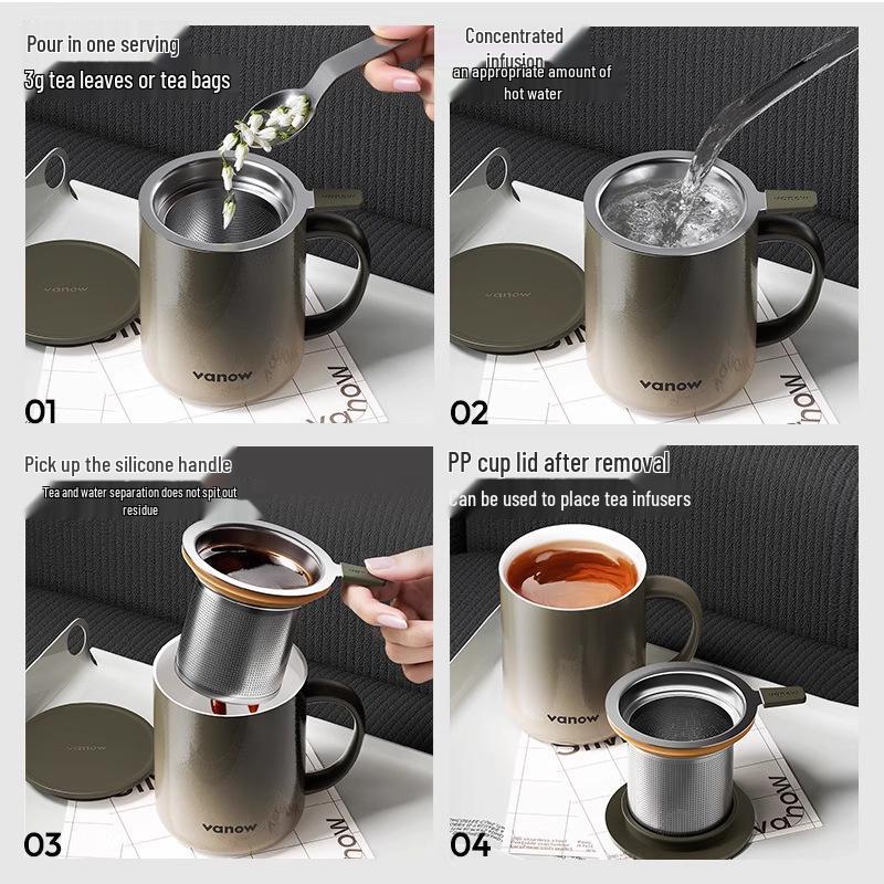 Vanow Insulated Mug with Lid: Stainless Steel Tea Infuser and Water Separation for Men and Women