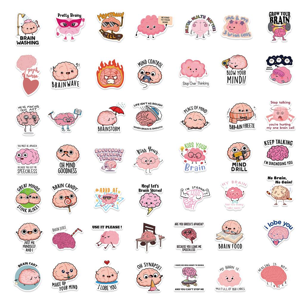 50 Cartoon Funny Brain Graffiti Stickers Decorative DIY Waterproof Stickers To Tear Creative Water Cup Stickers