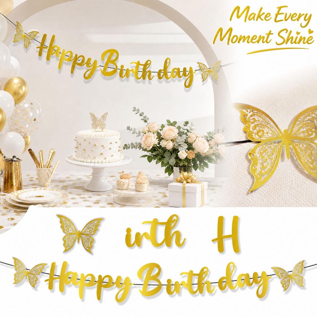 Gold Butterfly Birthday - Birthday Party Decoration Garland