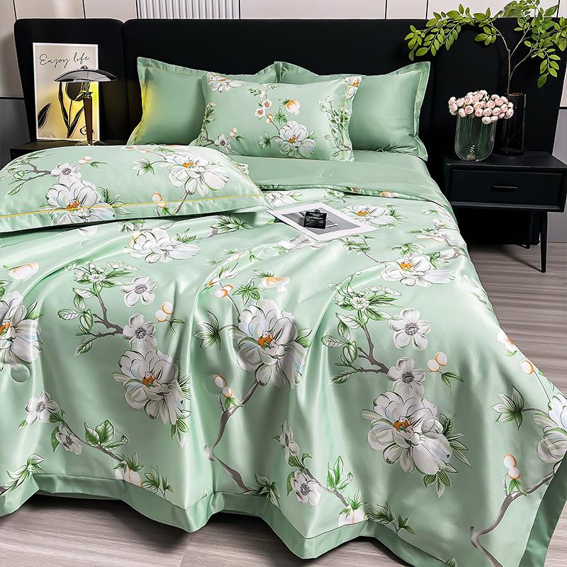Summer Cool Tencel Quilt Set 4 Piece Includes Summer Blanket Bed Sheet Two Pillowcases Silk Lightweight Quilt For Double Twin Size