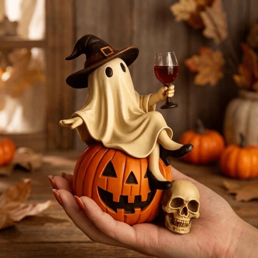 Holding a Wine Glass Halloween Ghost Figurine Cartoon Tabletop Figurine Witch Statue Ghost Decor