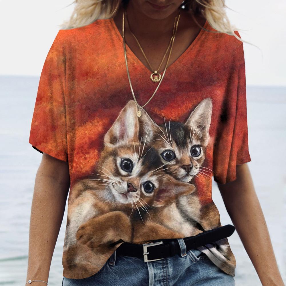 V Neck Tshirt Streetwear Y2k Clothes Women Summer Casual Oversize Dazzle Color Cats Print Shirt Short Sleeve Top Vintage Female