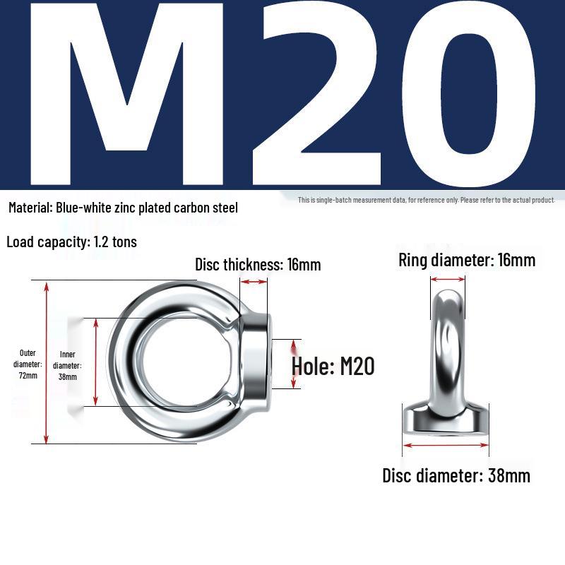 Marine Grade Zinc-Plated Hardened Carbon Steel Lifting Eye Bolt with Nut, Round Ring, Extended Thread, M6 M8 M20