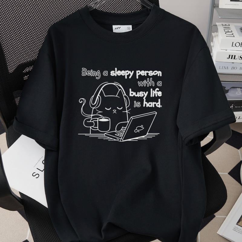 Interesting Cartoon Cat Short Sleeved T-shirt Neutral Casual Versatile Top Cute Cartoon Cat Daily Commuting Casual Home Clothes