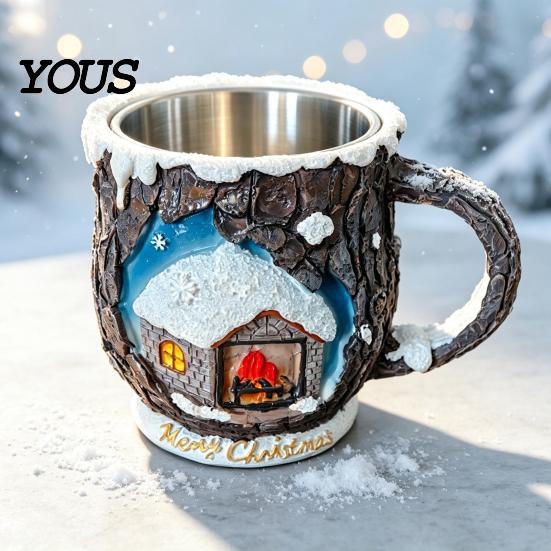 Durable Resin Cup Christmas Themed Coffee Mug, 3D Santa Claus/Snowhouse/Reindeer/Socks/Christmas Tree/Snowman Design, Party Drink Supplies Stainless