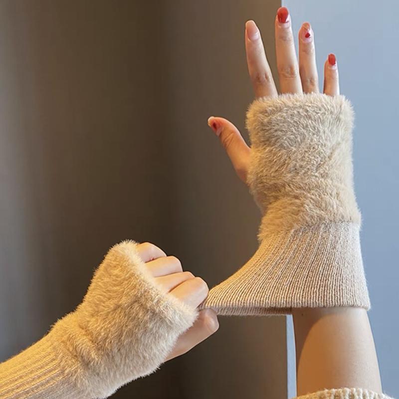 Soft Winter Half Finger Gloves Women Warm Luxury Solid White Plush Knitted Fingerless Gloves Wrist Mittens Writting