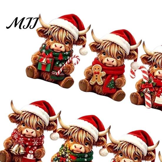 Flat Wood Xmas Decorations Highland Cow Christmas Ornament Set, 2D Wooden Cute Gift Items Hanging Decor with String, Holiday Tree Party Decoration