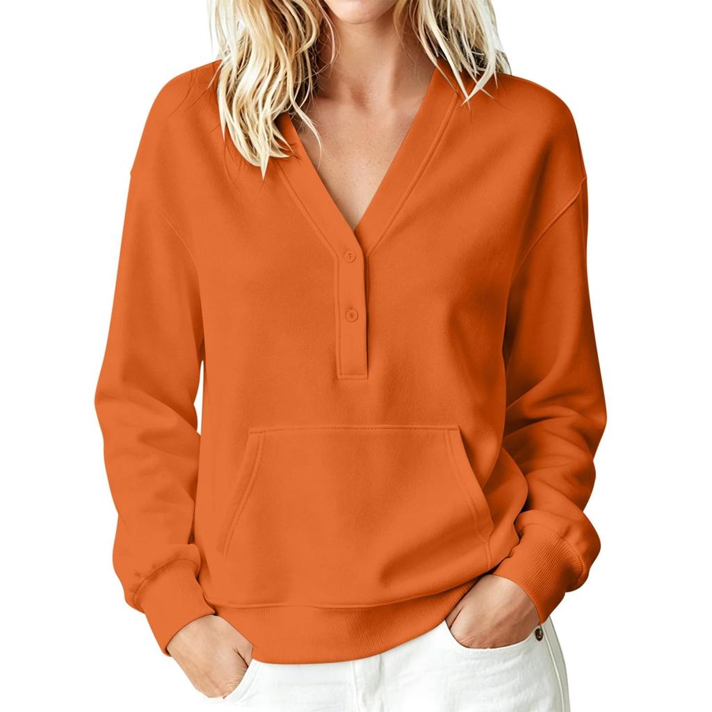 Women's Casual V Neck Pullover Sweatshirt Long Sleeve Buttoned Top with Front Pocket Lightweight Comfortable Fit