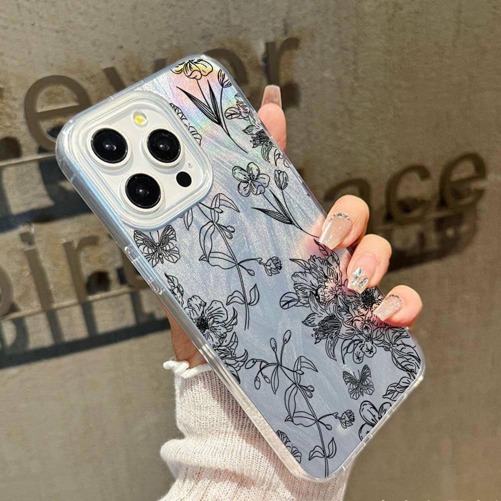 Mobile Phone Case Apple 17pro Line Flower Iphone12 Feather Yarn Case 16pm Hard Case Creative 13pro Female