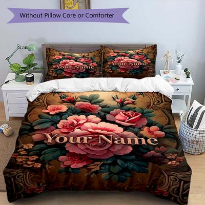 3pcs Custom Name Floral Elegance Printed Bedding Set Duvet Cover Closure Includes 1 Duvet Cover & 2 Pillowcases, Soft and Comfortable for All Seasons.