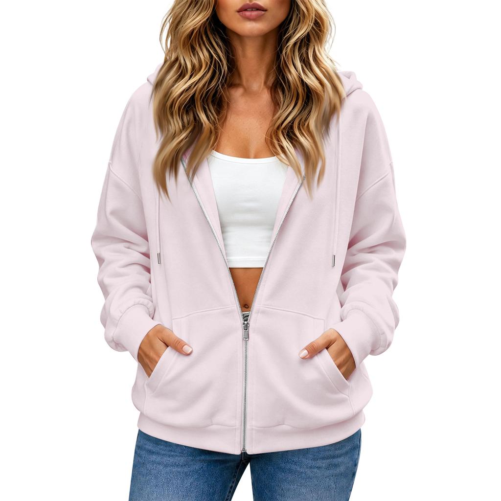 Felpa da donna casual con zip e maniche lunghe, giacca sportiva con colore