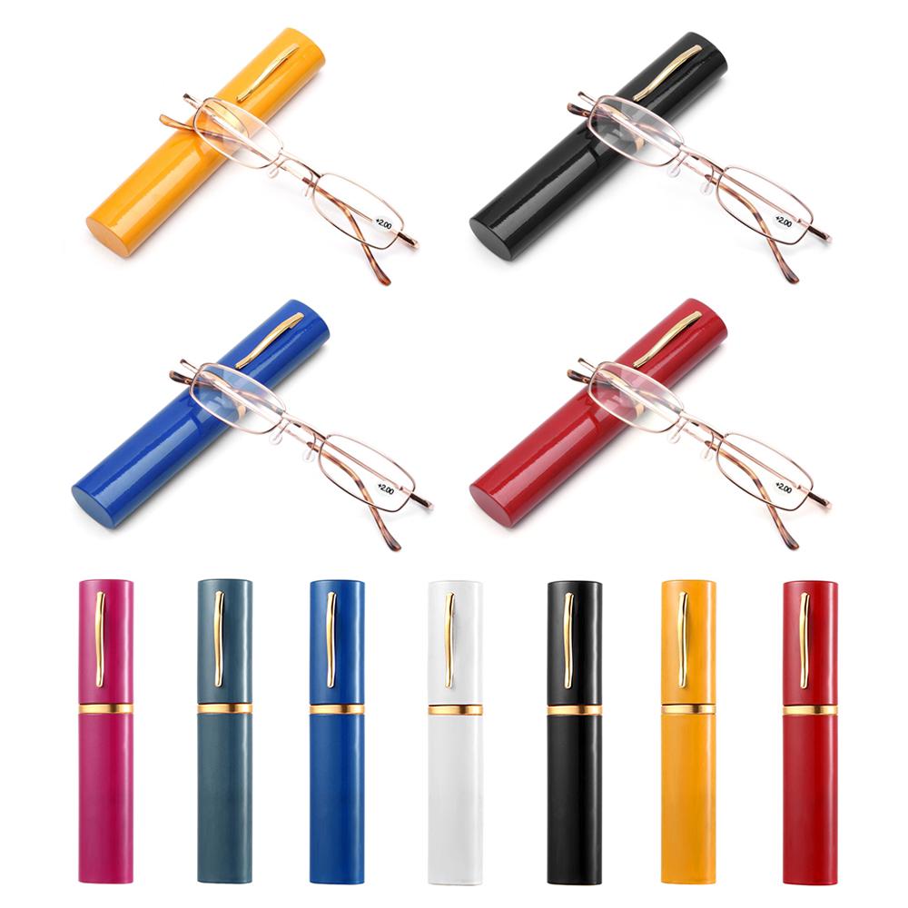 Unisex Reading Glasses with Pen Tube Case Portable Presbyopic Glasses Metal Case Spring Hinge Eyeglasses Vision Care +1.11~+1.11