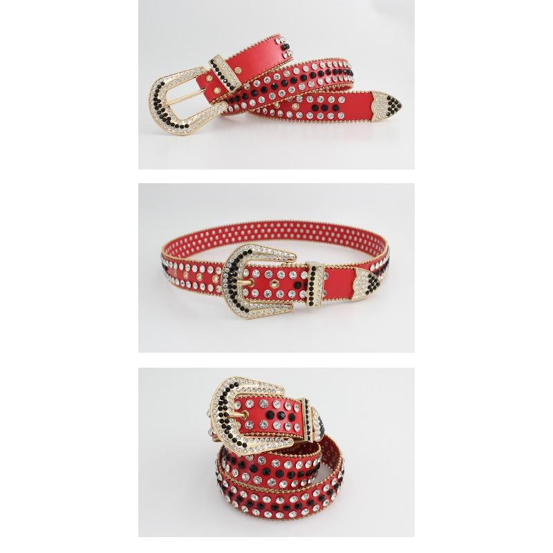 Meimeier Women's rhinestone embellished pin buckle three-piece set: denim belt, luxury red fashion wide waist belt
