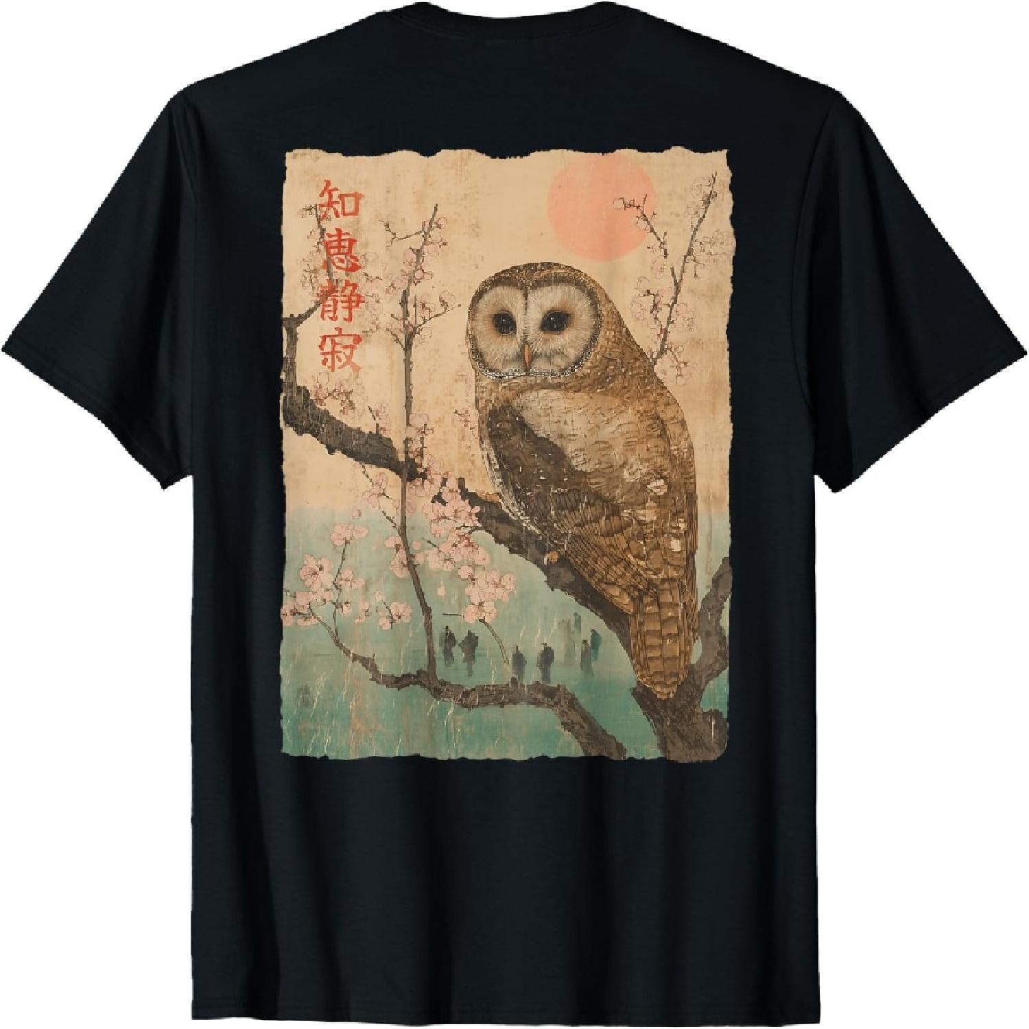 Wise Owl and Cherry Blossoms Japanese Woodblock ART BACK T-Shirt S