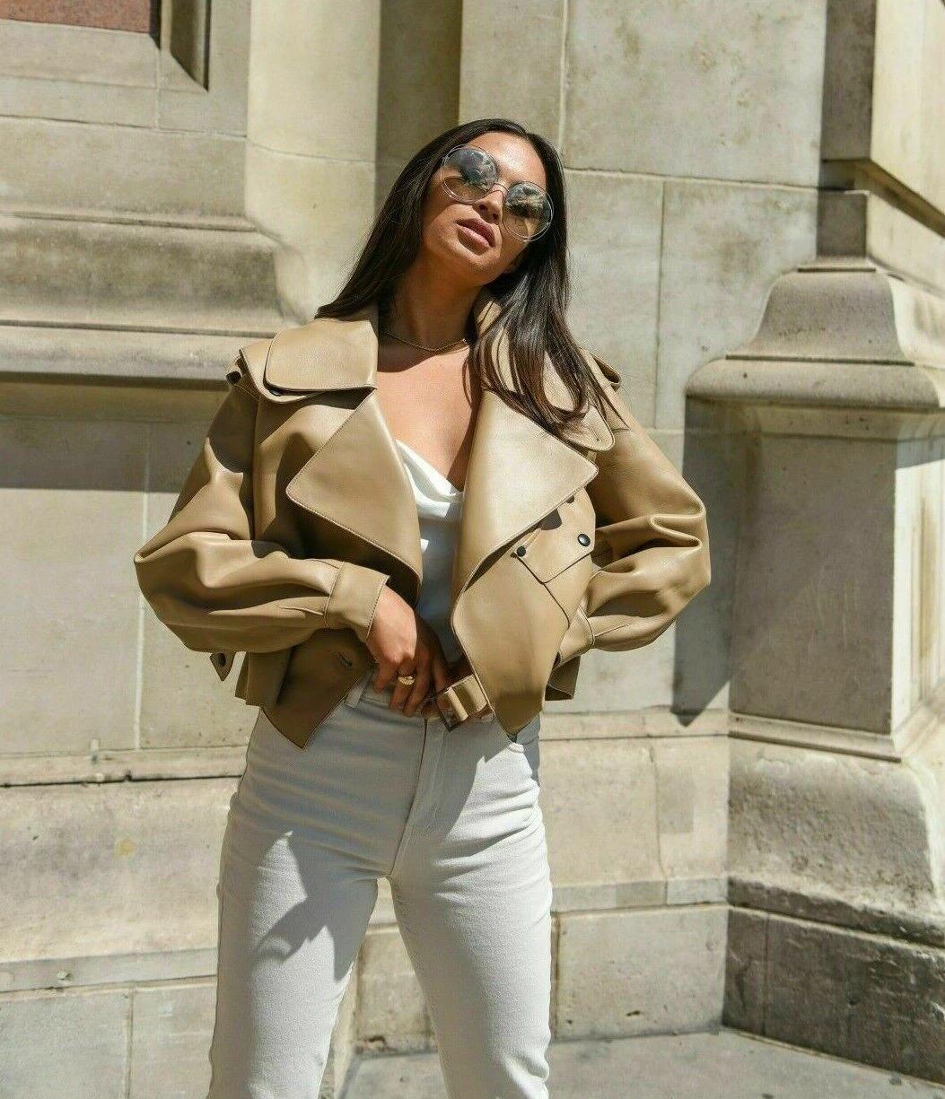 

Куртка Мотоциклетная Бежевая Мягкая Байкерская Женская Натуральная Овечья Кожа Ручной Работы Новая Кожаная S