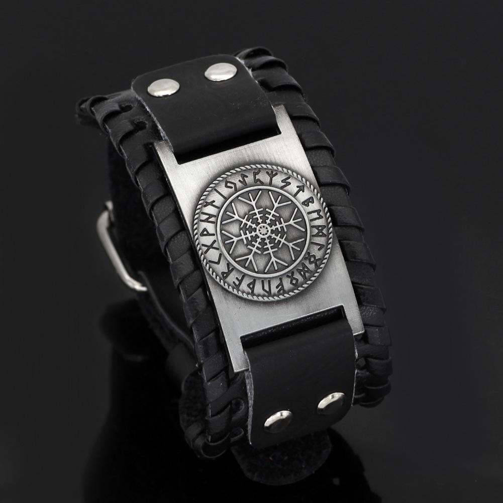 Viking Snowflake Bracelet for Men Nordic Vegvisir Compass Leather Bangle with Runes Stylish Viking Jewelry