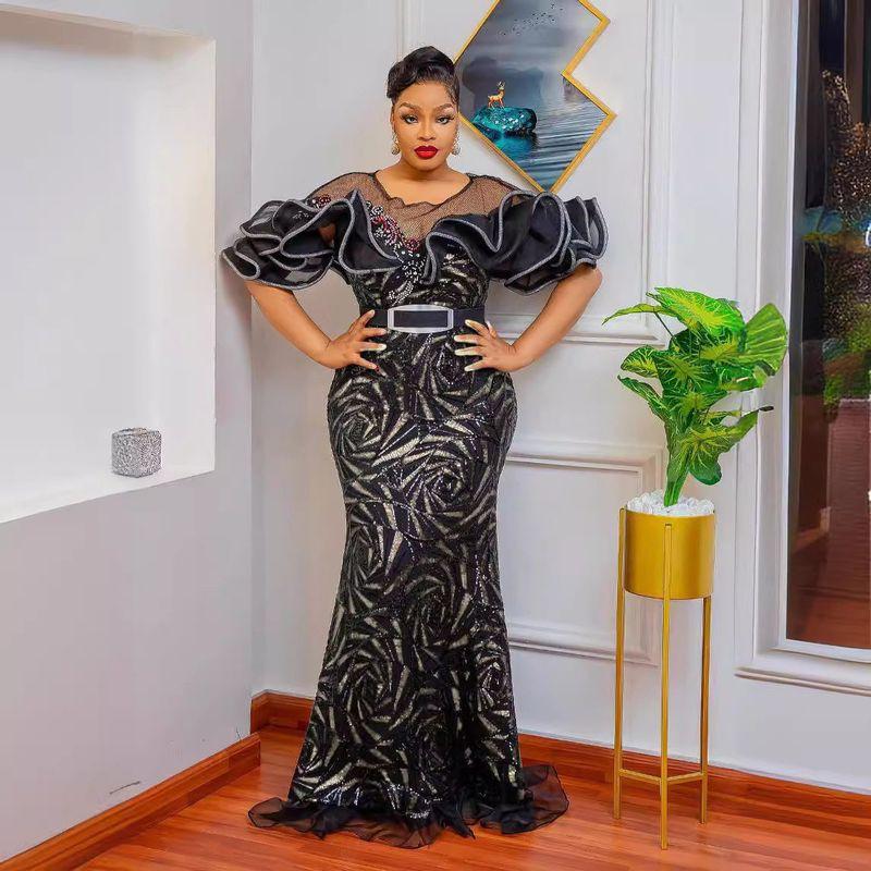 Rose-Shaped Sequin Slim-Fit Fishtail Evening Gown, Long Dress with Off-Shoulder Ruffles, Luxurious African and European Women's Long Dress