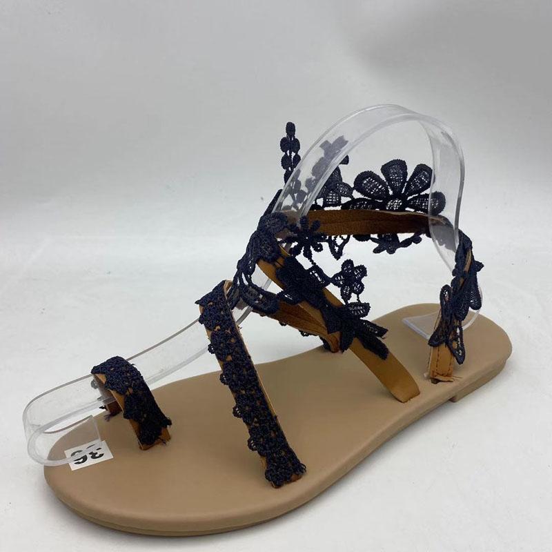 2025 Women Flat Shoes Summer New Lace Flower Sandals Open Toe Bresthable Flat Beach Shoes Women Floral Roman Slippers WSH3628-1