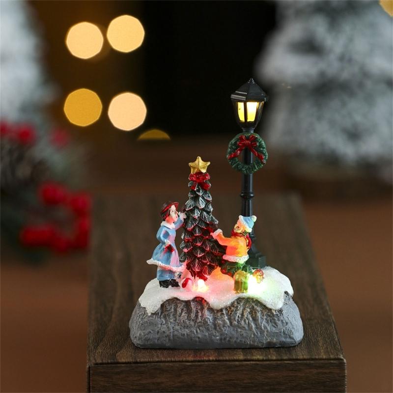 Illuminated Christmas Resin Figurine Ornament with LED Light Glowing Miniature Christmas Tree Resin Table Decorations