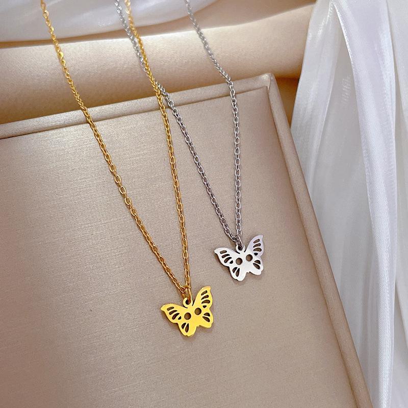 Titanium Steel Empty Butterfly Personality Minimalist Wind Furnace Real Gold Necklace Female Collarbone Chain With