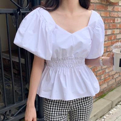 Korean Summer Puff Sleeve Square Collar Slim Fit Shirt for Women
