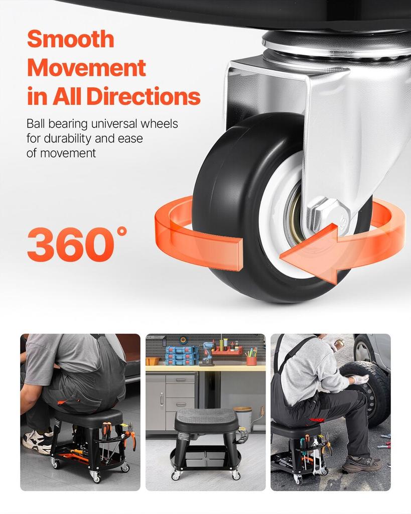 Mechanic Stool Rolling Workshop Seat 300 lbs Load with Wheels & Tool Tray
