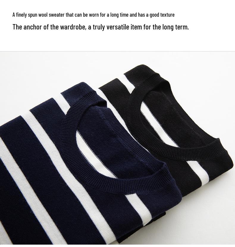 Black & White Striped Women's 100% Wool Long-Sleeve Round Neck Top