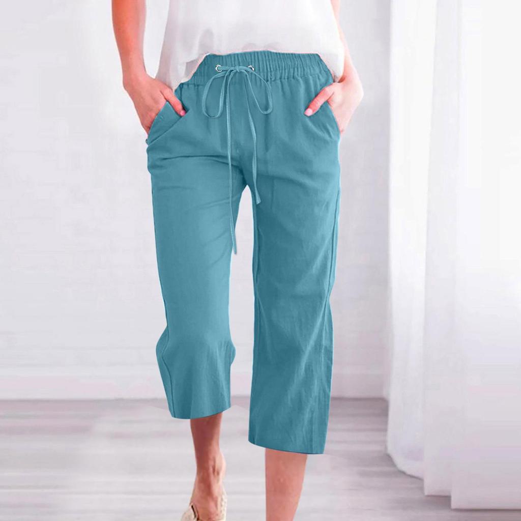 Frauen Hosen Jogginghose Einfarbig Gerade Weiche Elastische Taille Kordelzug Hosen Mitte der wade Länge Geerntete Hosen