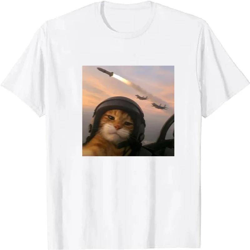 Summer Fun Battle Pilot Cat Face Meme Printed TShirt Fashionable And Unique Street Trend Unisexs ShortSleeved TShirt Y2k